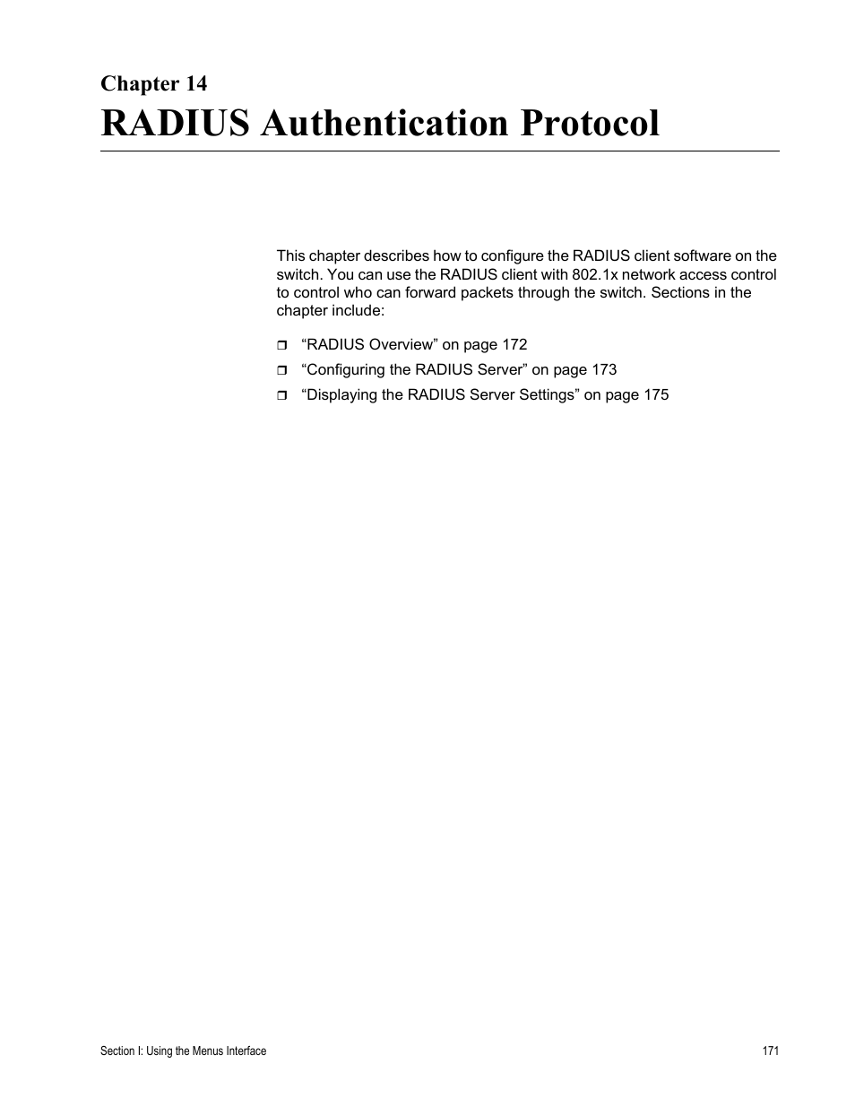 Chapter 14, Radius authentication protocol, Chapter 14: radius authentication protocol | Allied Telesis AT-S81 User Manual | Page 171 / 314
