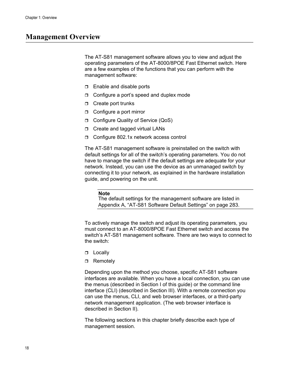 Management overview | Allied Telesis AT-S81 User Manual | Page 18 / 314