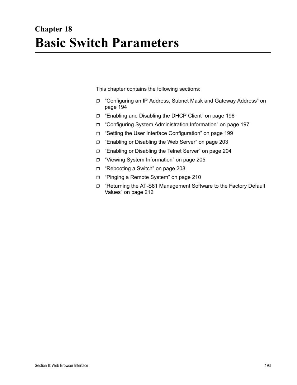 Chapter 18, Basic switch parameters | Allied Telesis AT-S81 User Manual | Page 193 / 314