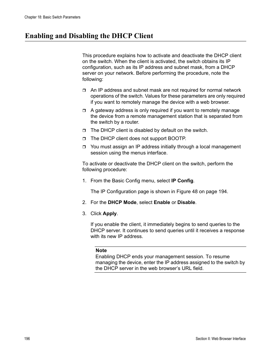 Enabling and disabling the dhcp client | Allied Telesis AT-S81 User Manual | Page 196 / 314