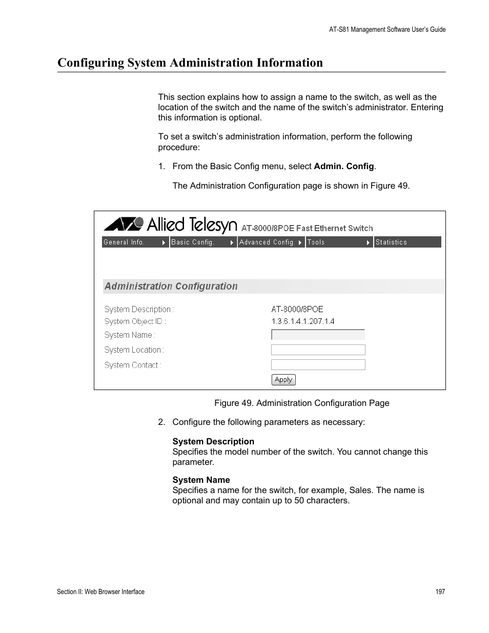 Configuring system administration information | Allied Telesis AT-S81 User Manual | Page 197 / 314