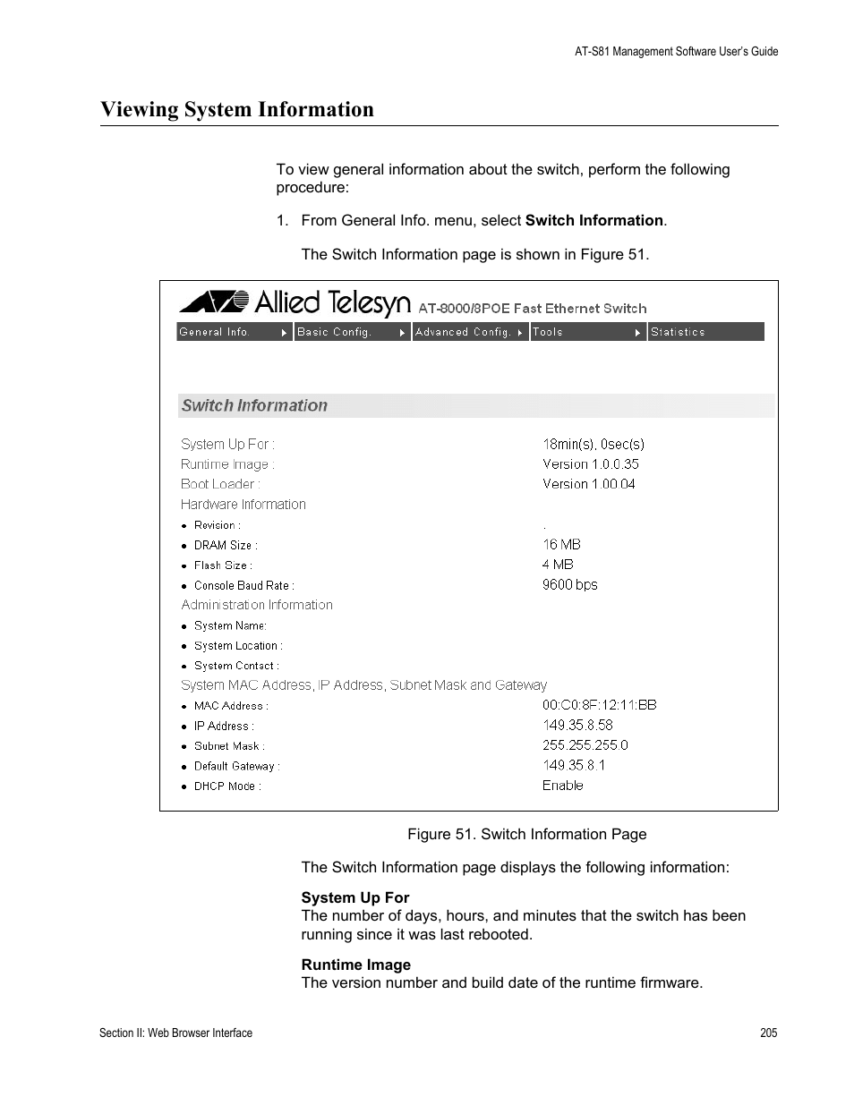 Viewing system information | Allied Telesis AT-S81 User Manual | Page 205 / 314