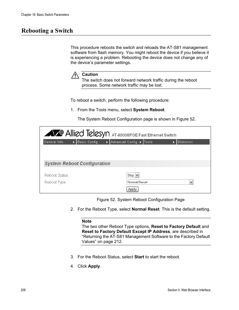Rebooting a switch | Allied Telesis AT-S81 User Manual | Page 208 / 314