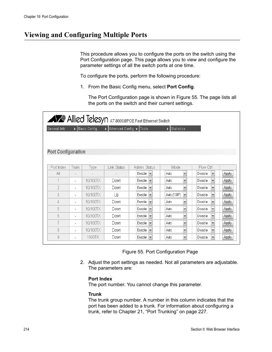 Viewing and configuring multiple ports | Allied Telesis AT-S81 User Manual | Page 214 / 314
