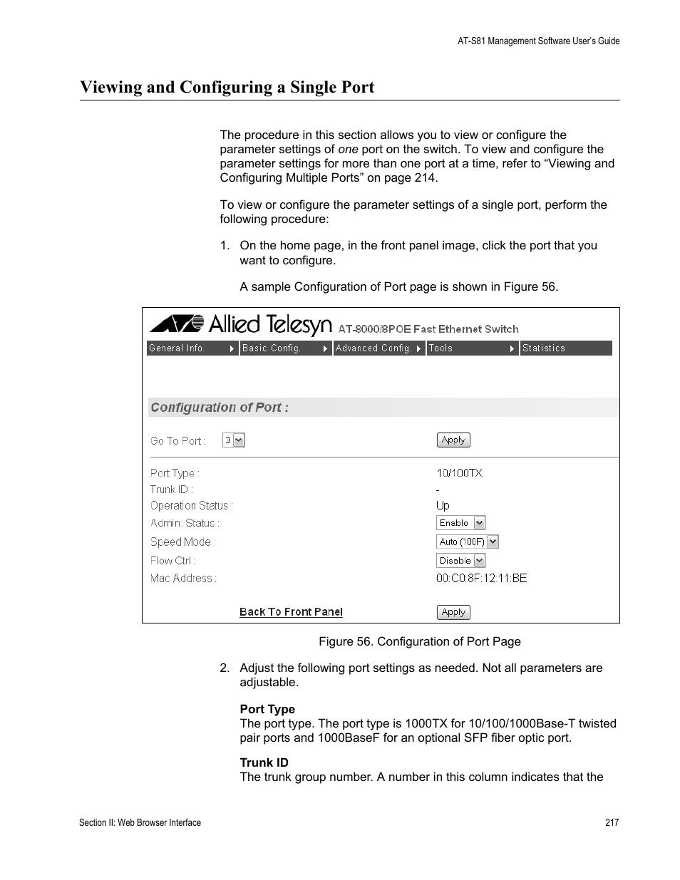 Viewing and configuring a single port | Allied Telesis AT-S81 User Manual | Page 217 / 314