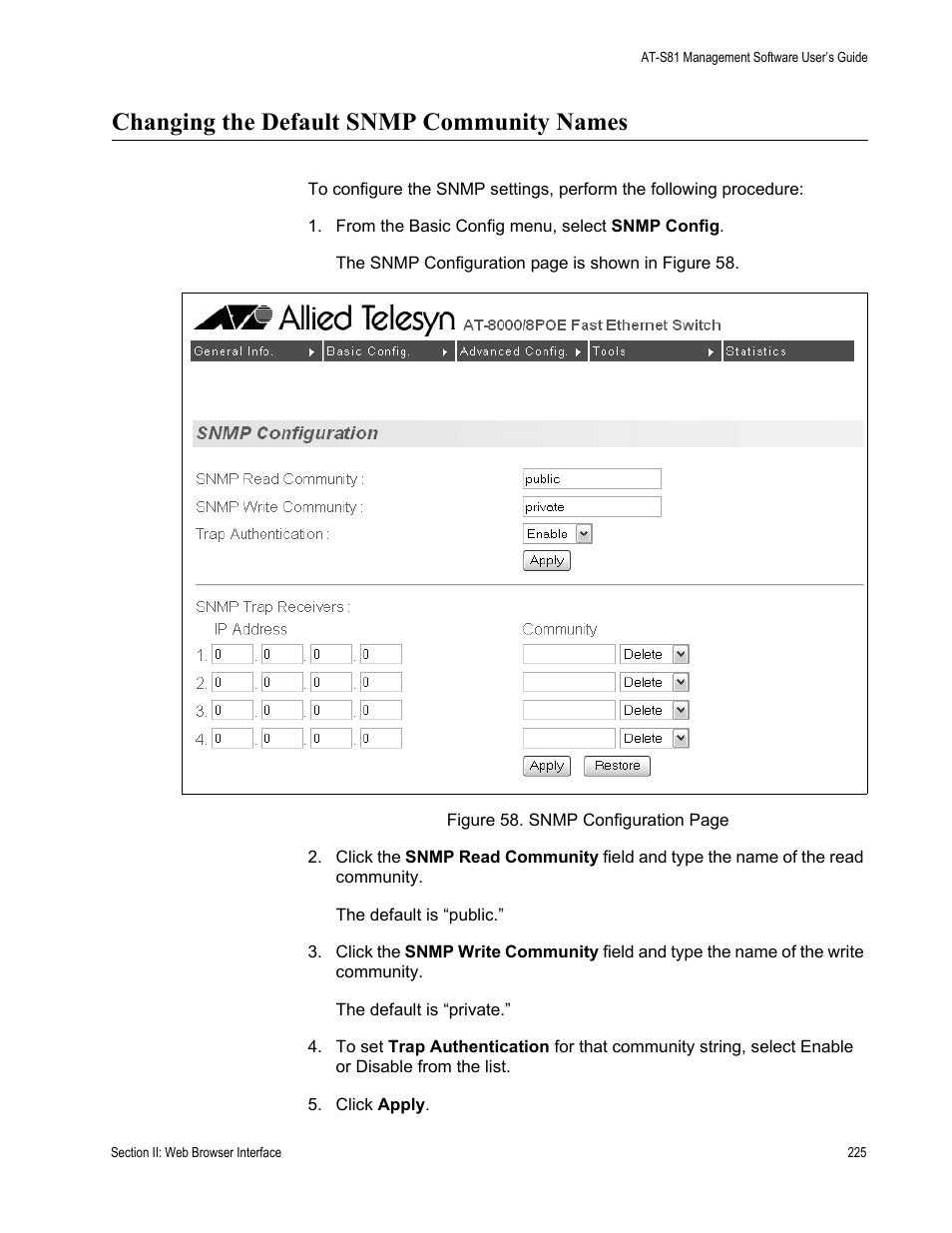Changing the default snmp community names | Allied Telesis AT-S81 User Manual | Page 225 / 314