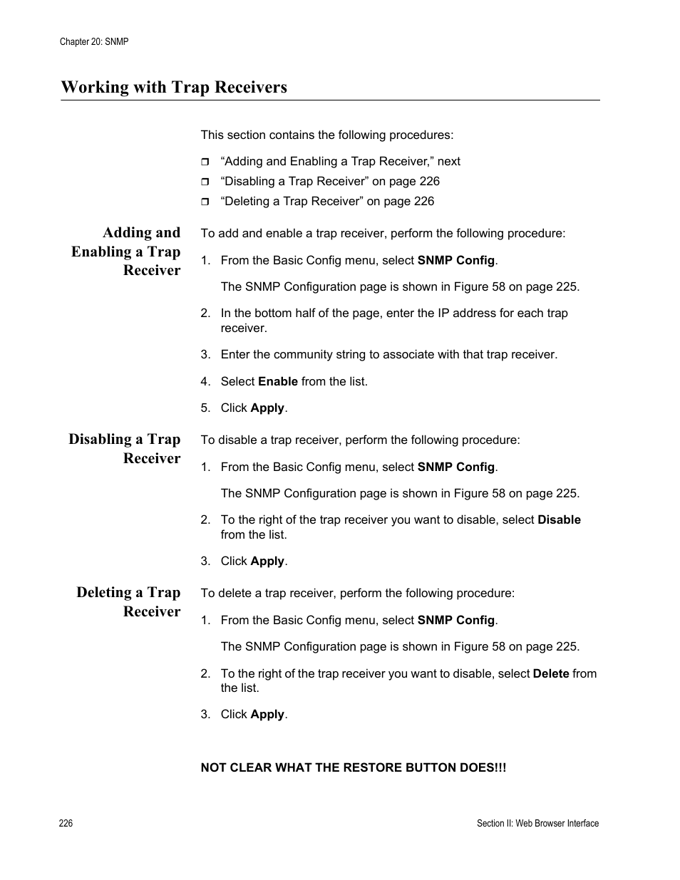 Working with trap receivers, Adding and enabling a trap receiver, Disabling a trap receiver | Deleting a trap receiver | Allied Telesis AT-S81 User Manual | Page 226 / 314