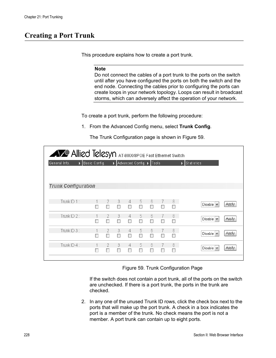 Creating a port trunk | Allied Telesis AT-S81 User Manual | Page 228 / 314