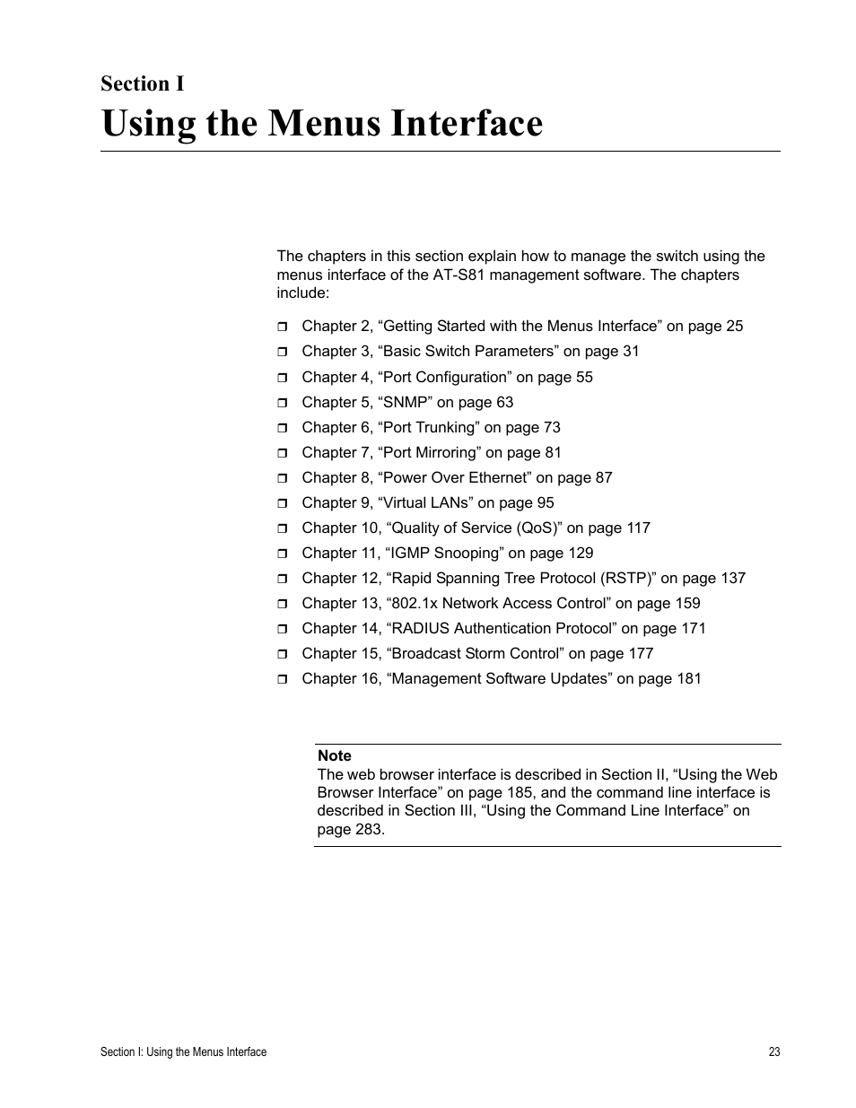 Section i, Using the menus interface, Section i: using the menus interface | Allied Telesis AT-S81 User Manual | Page 23 / 314