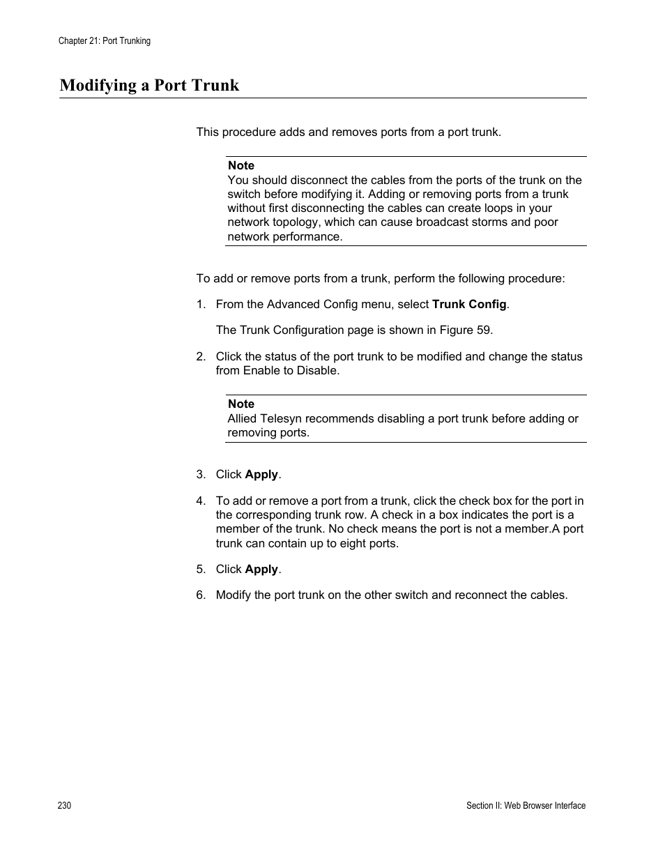 Modifying a port trunk | Allied Telesis AT-S81 User Manual | Page 230 / 314