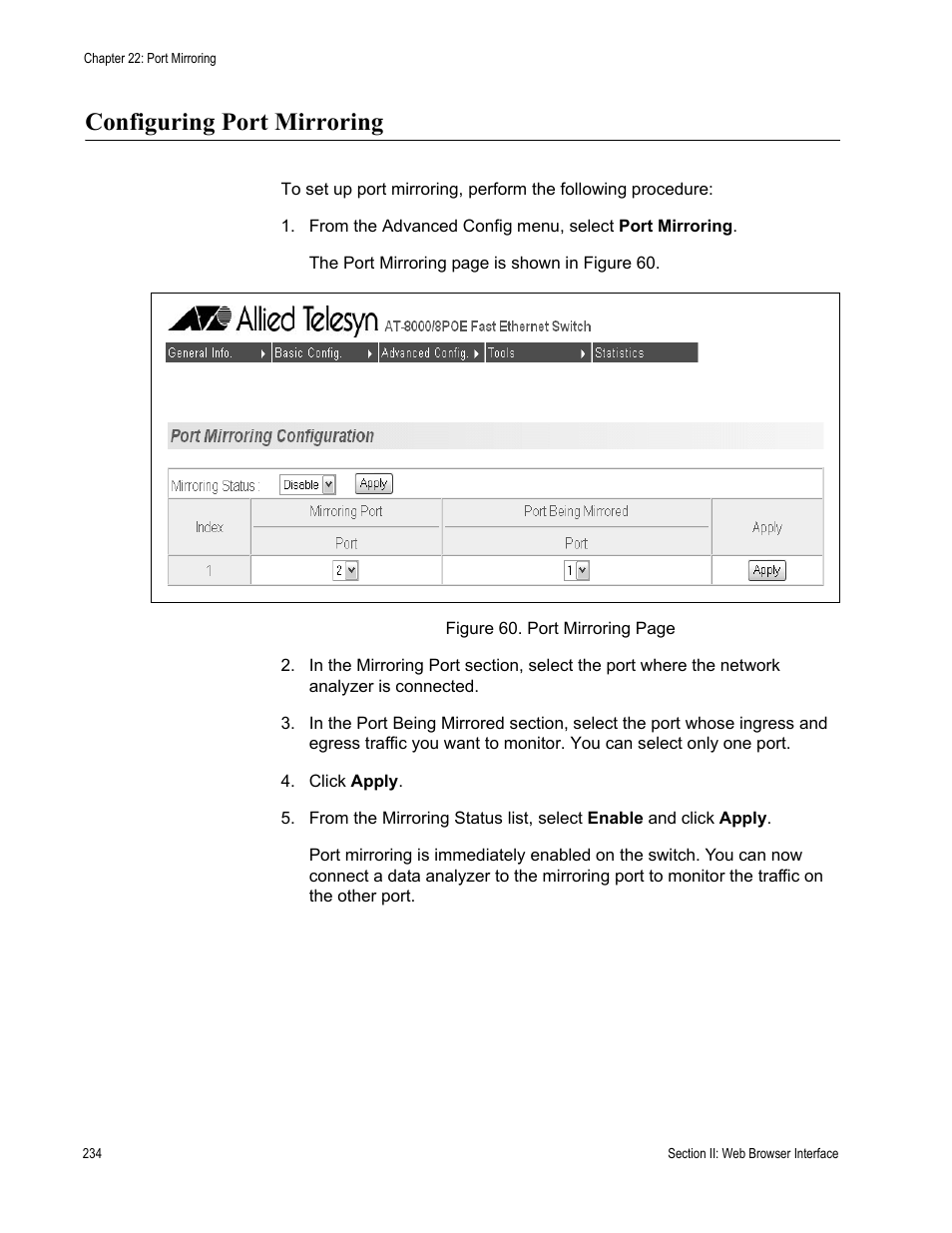 Configuring port mirroring | Allied Telesis AT-S81 User Manual | Page 234 / 314