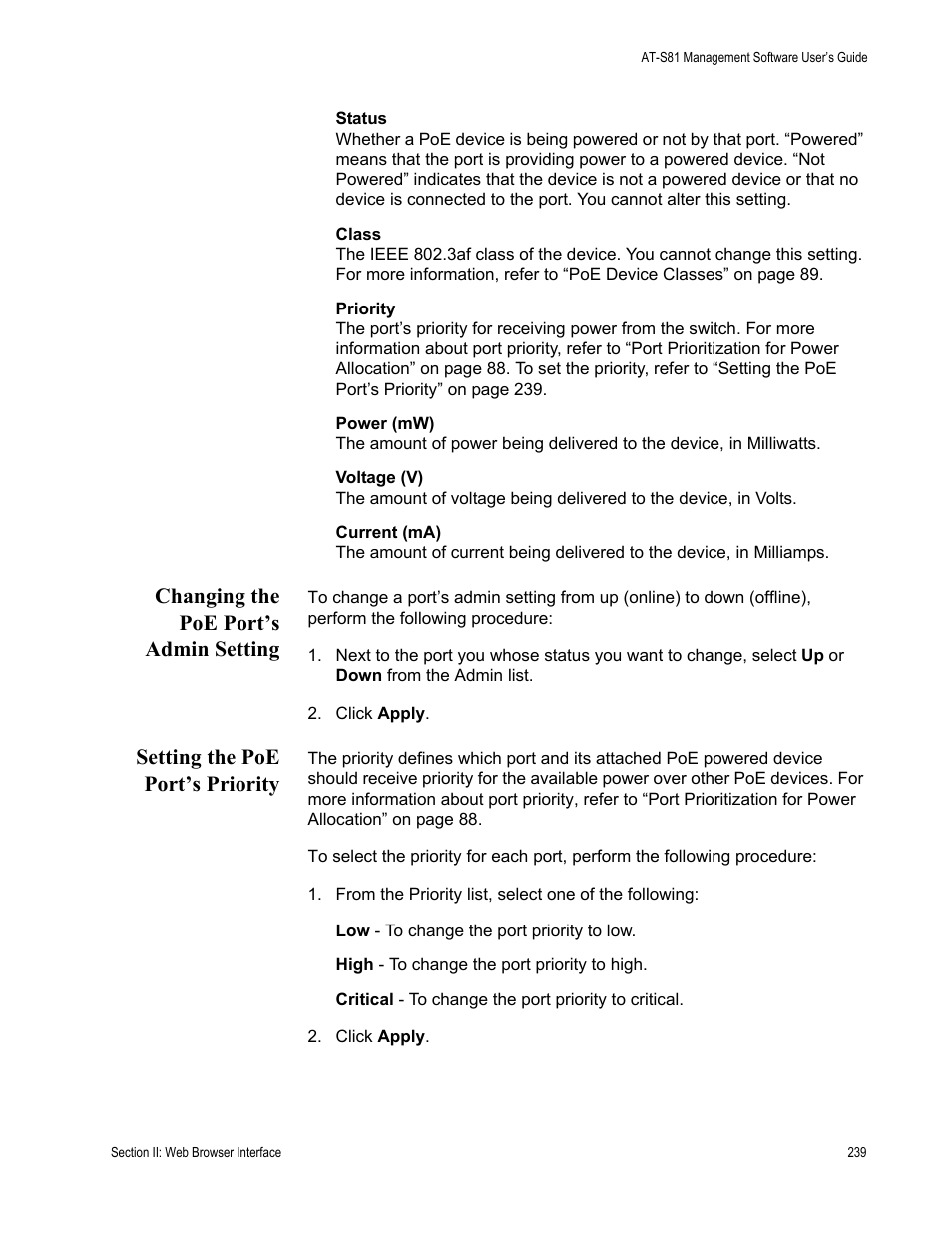 Changing the poe port’s admin setting, Setting the poe port’s priority | Allied Telesis AT-S81 User Manual | Page 239 / 314