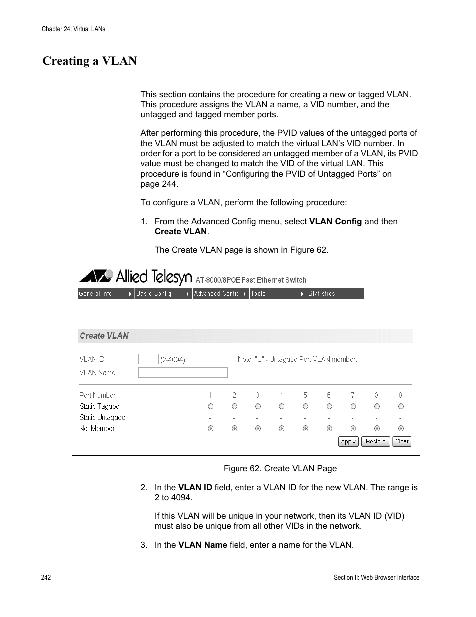 Creating a vlan | Allied Telesis AT-S81 User Manual | Page 242 / 314