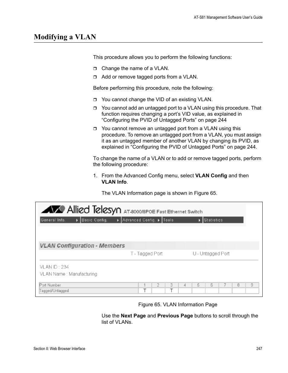 Modifying a vlan | Allied Telesis AT-S81 User Manual | Page 247 / 314