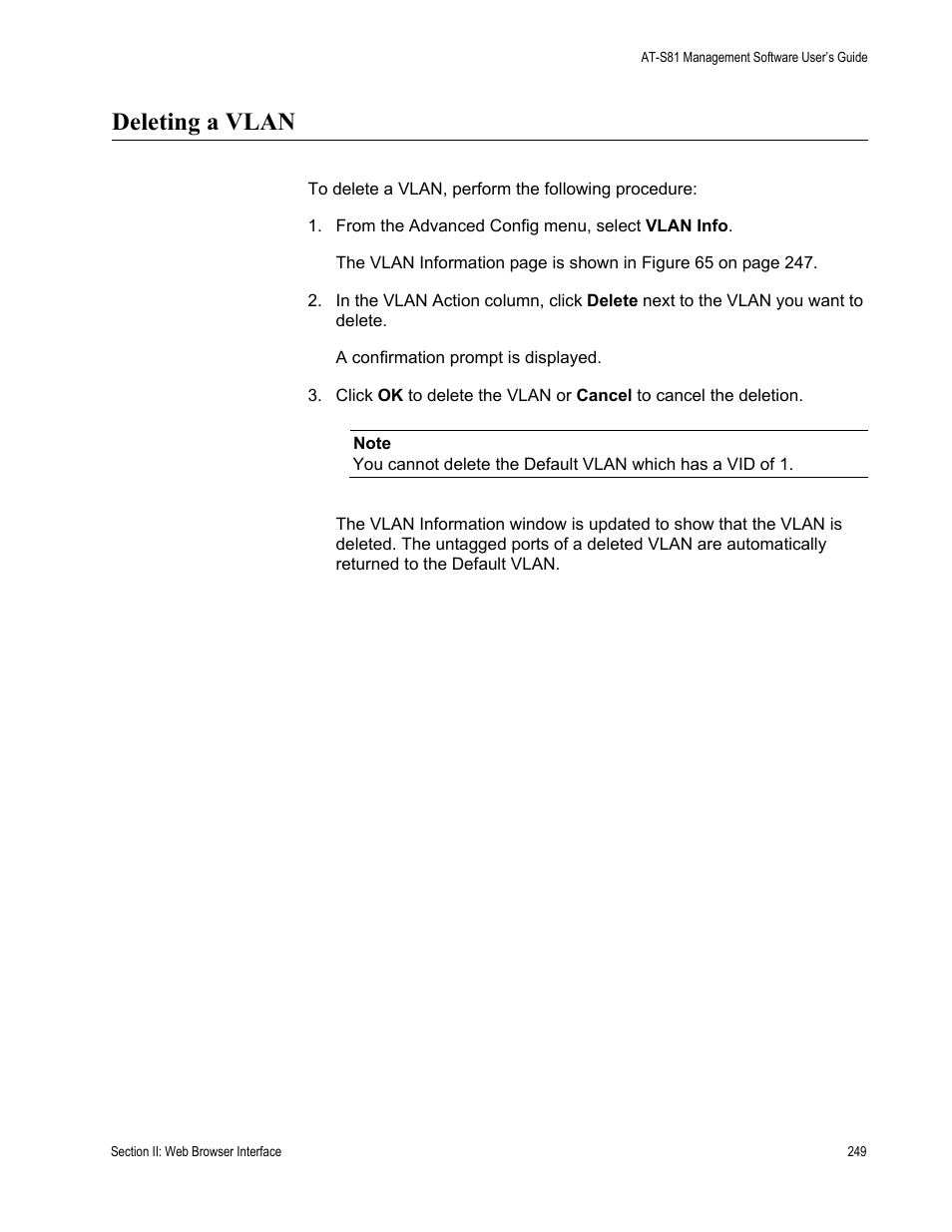 Deleting a vlan | Allied Telesis AT-S81 User Manual | Page 249 / 314