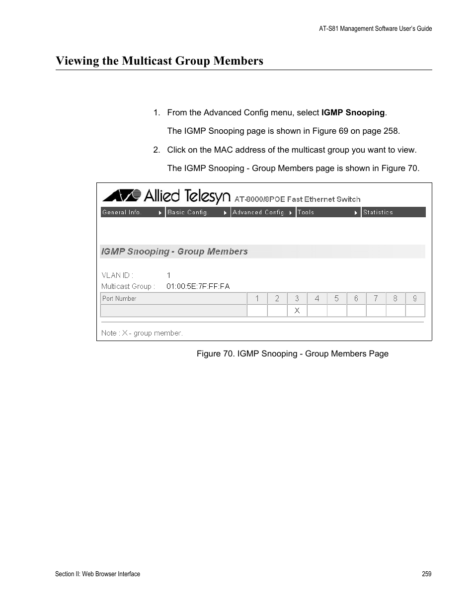 Viewing the multicast group members | Allied Telesis AT-S81 User Manual | Page 259 / 314