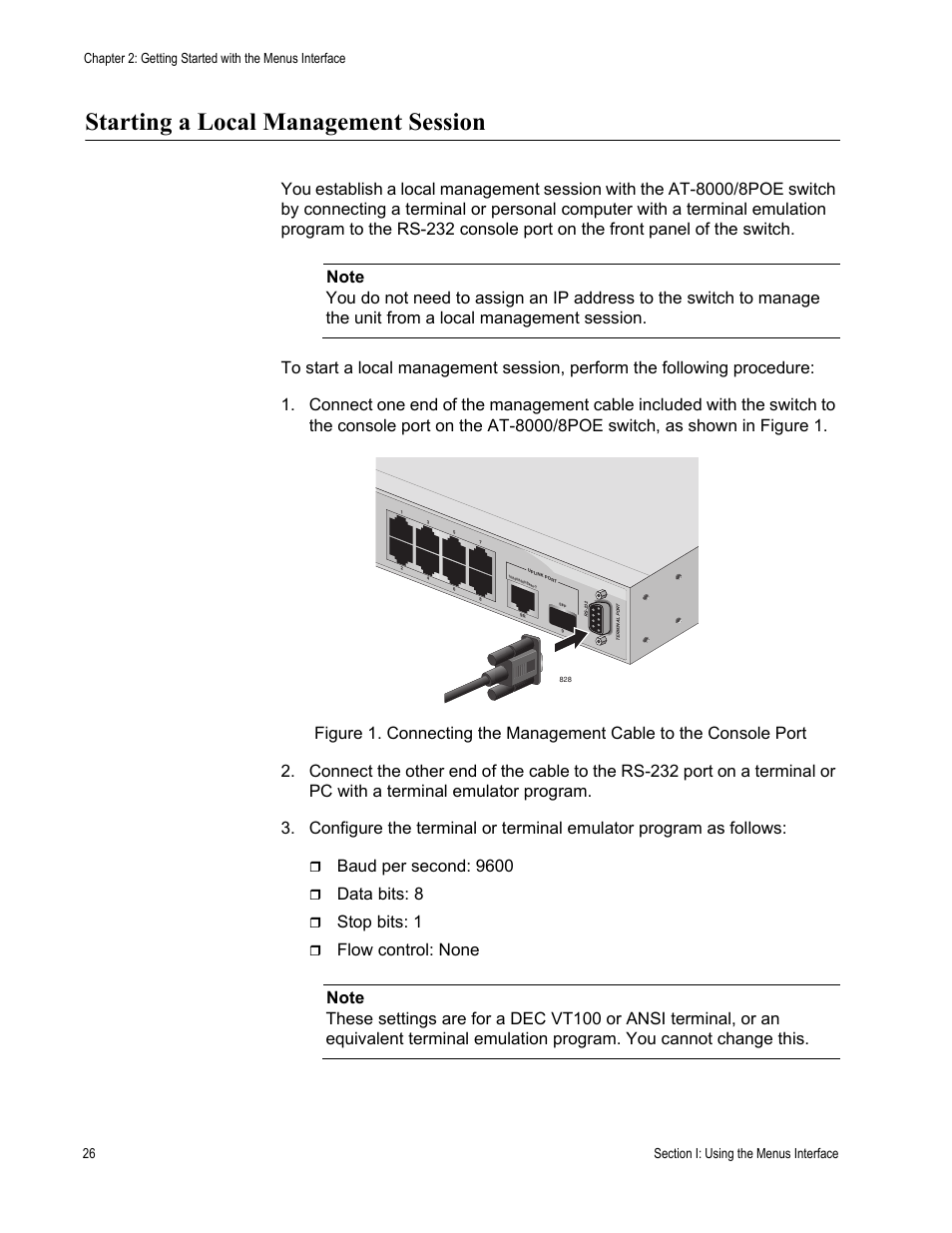 Starting a local management session, Baud per second: 9600, Data bits: 8 | Stop bits: 1 | Allied Telesis AT-S81 User Manual | Page 26 / 314