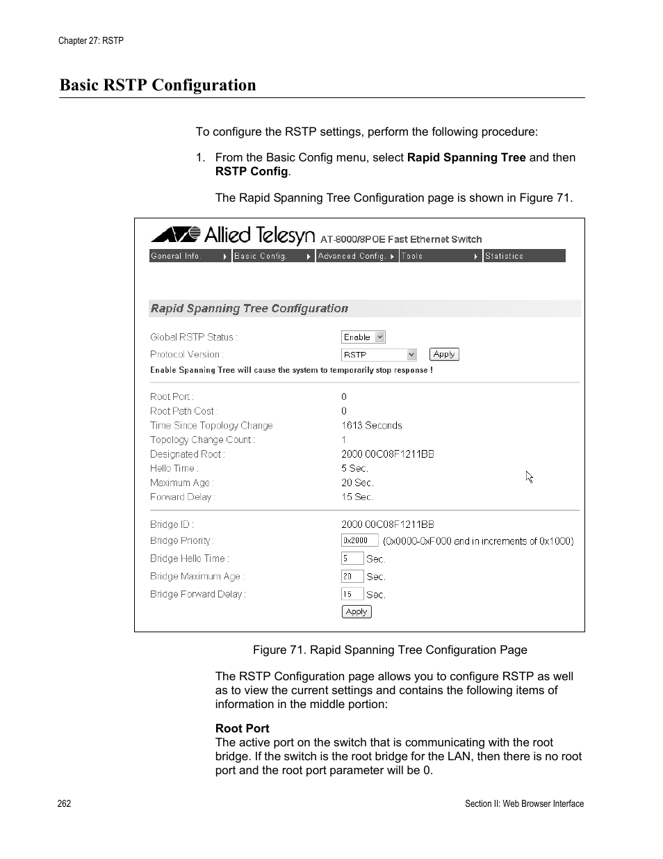 Basic rstp configuration | Allied Telesis AT-S81 User Manual | Page 262 / 314