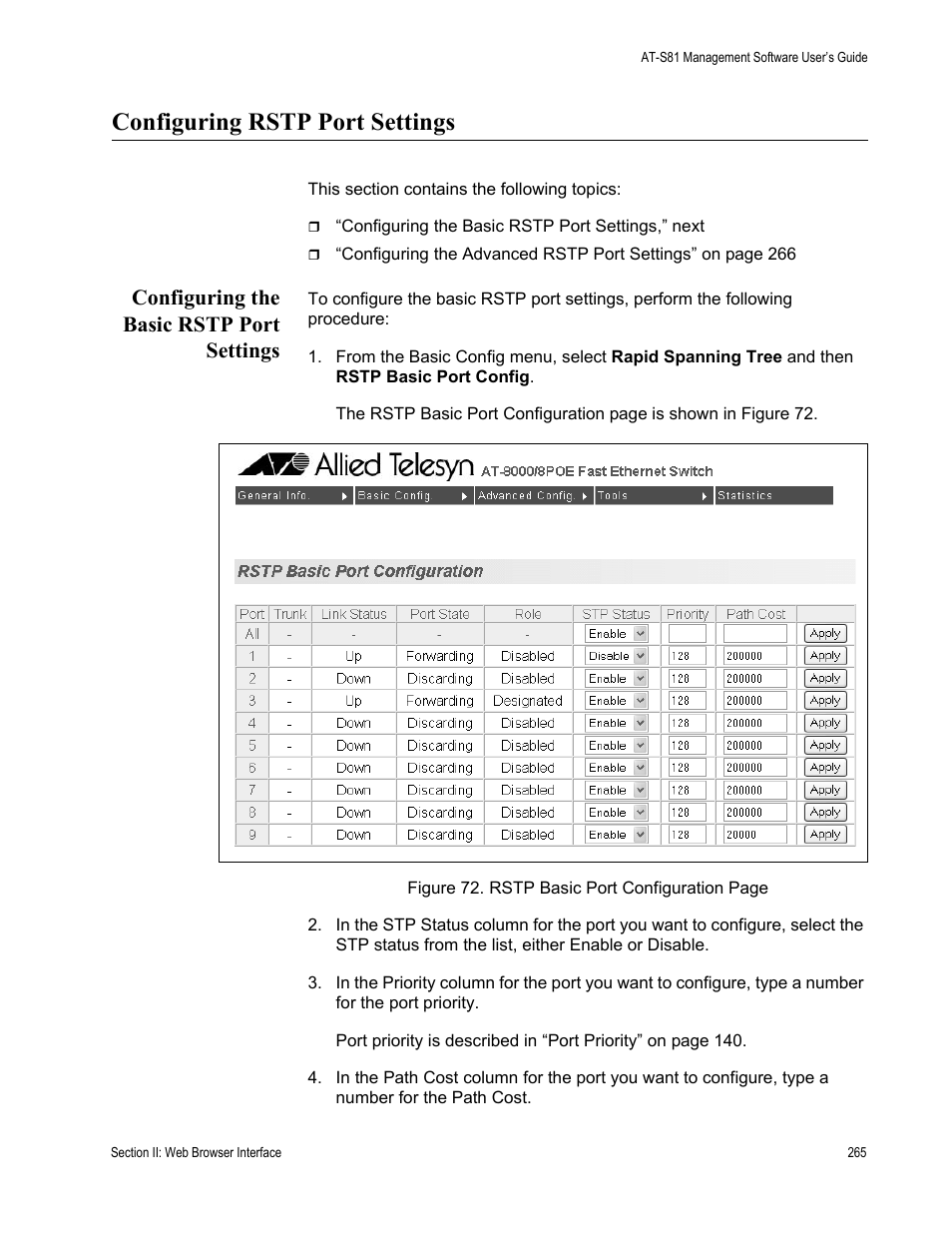 Configuring rstp port settings, Configuring the basic rstp port settings | Allied Telesis AT-S81 User Manual | Page 265 / 314