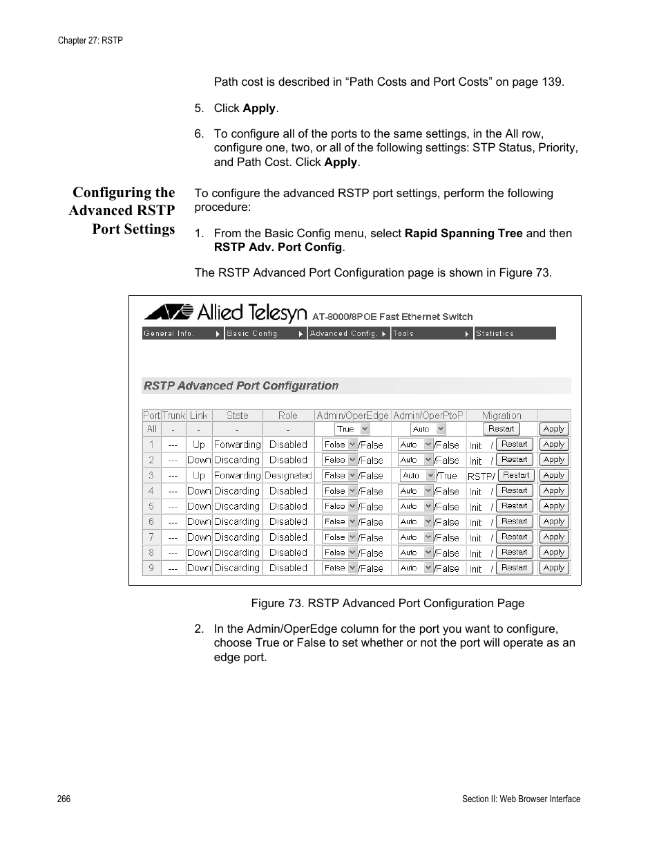 Configuring the advanced rstp port settings | Allied Telesis AT-S81 User Manual | Page 266 / 314