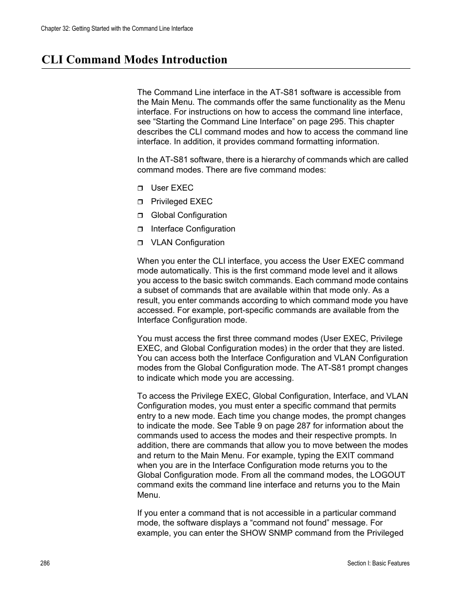 Cli command modes introduction | Allied Telesis AT-S81 User Manual | Page 286 / 314