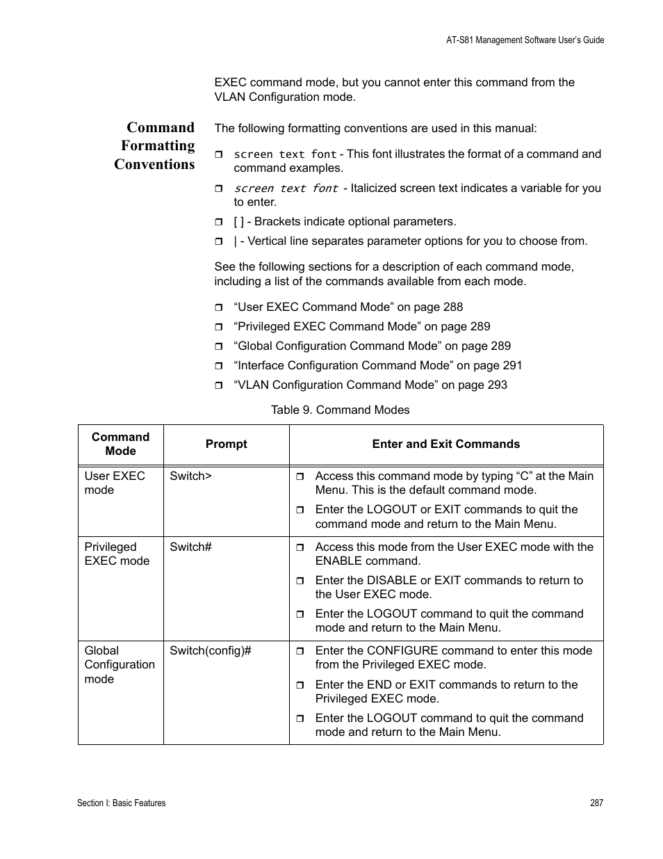 Command formatting conventions | Allied Telesis AT-S81 User Manual | Page 287 / 314