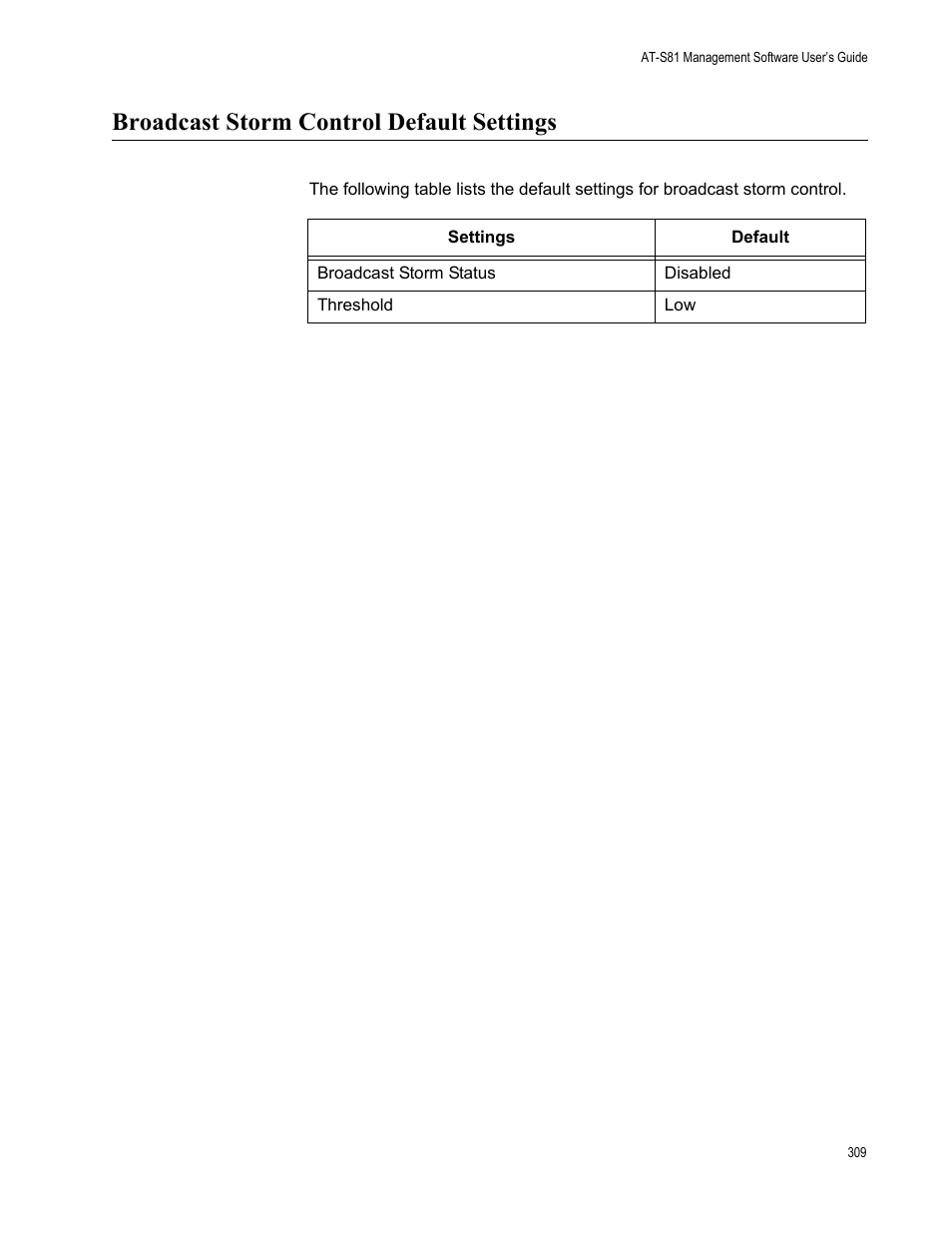 Broadcast storm control default settings | Allied Telesis AT-S81 User Manual | Page 309 / 314