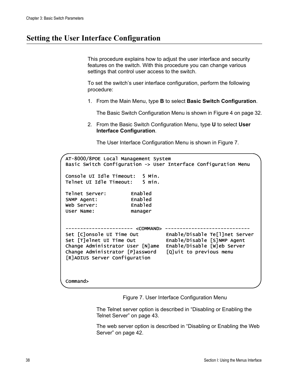 Setting the user interface configuration | Allied Telesis AT-S81 User Manual | Page 38 / 314