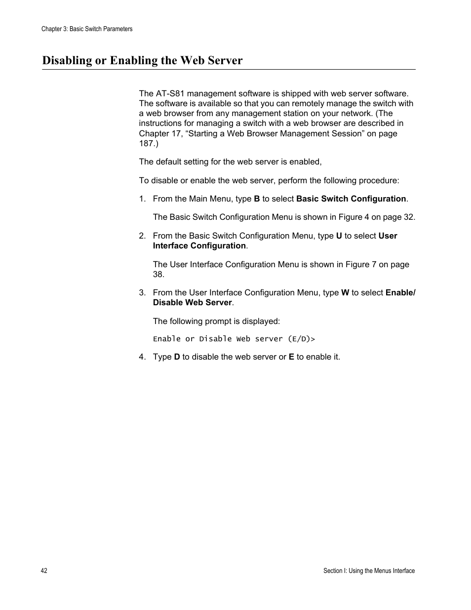 Disabling or enabling the web server | Allied Telesis AT-S81 User Manual | Page 42 / 314