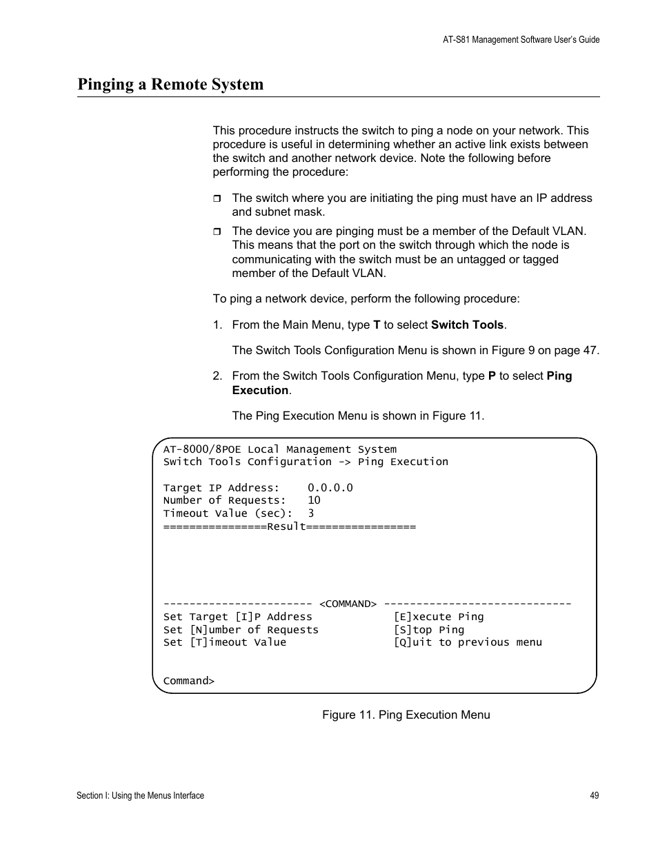 Pinging a remote system | Allied Telesis AT-S81 User Manual | Page 49 / 314