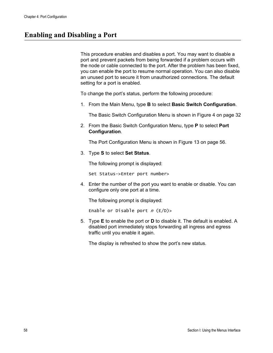 Enabling and disabling a port | Allied Telesis AT-S81 User Manual | Page 58 / 314