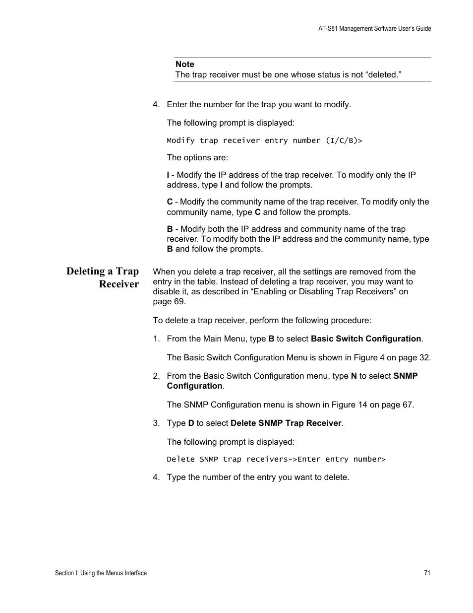 Deleting a trap receiver | Allied Telesis AT-S81 User Manual | Page 71 / 314