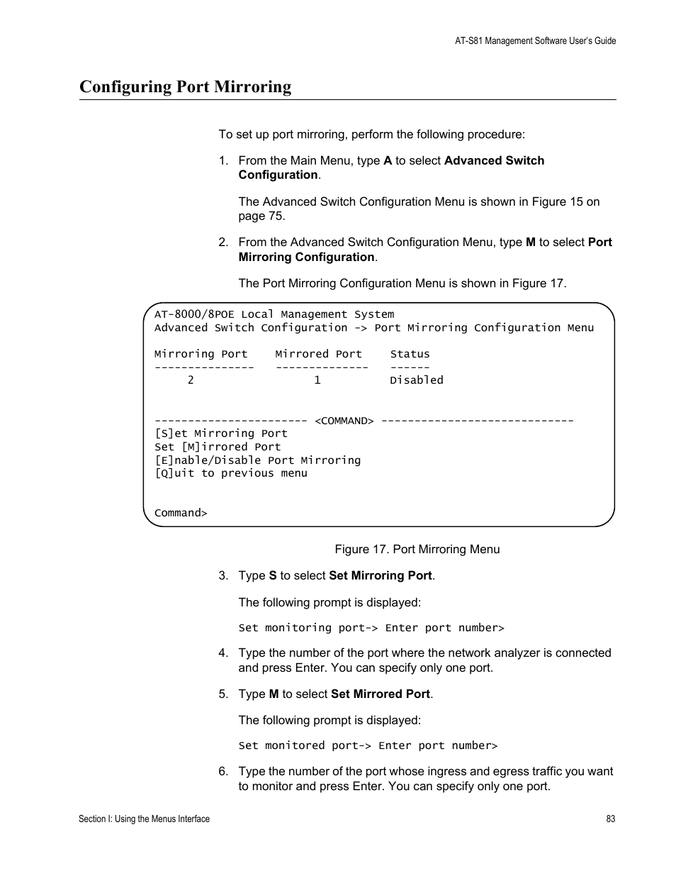 Configuring port mirroring | Allied Telesis AT-S81 User Manual | Page 83 / 314