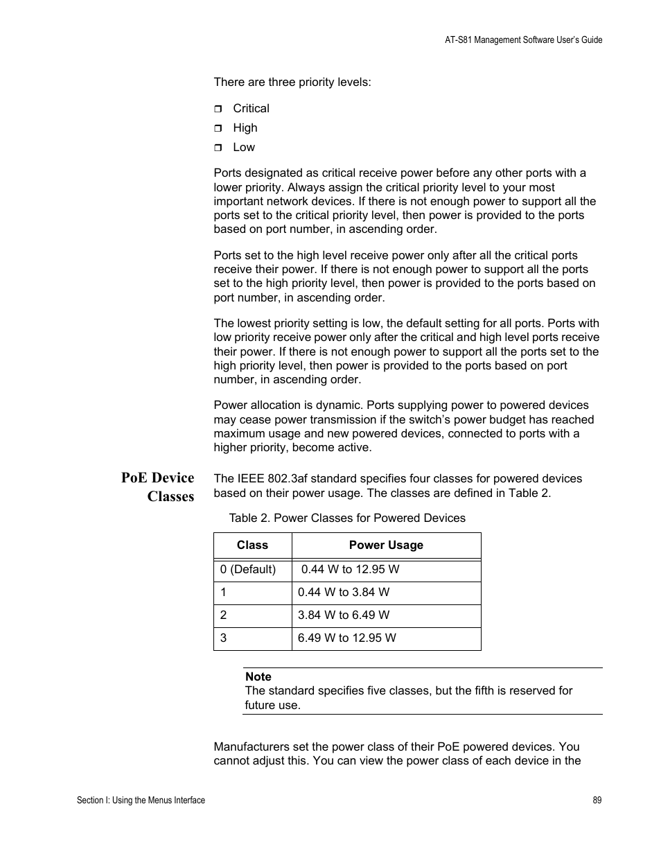 Poe device classes | Allied Telesis AT-S81 User Manual | Page 89 / 314