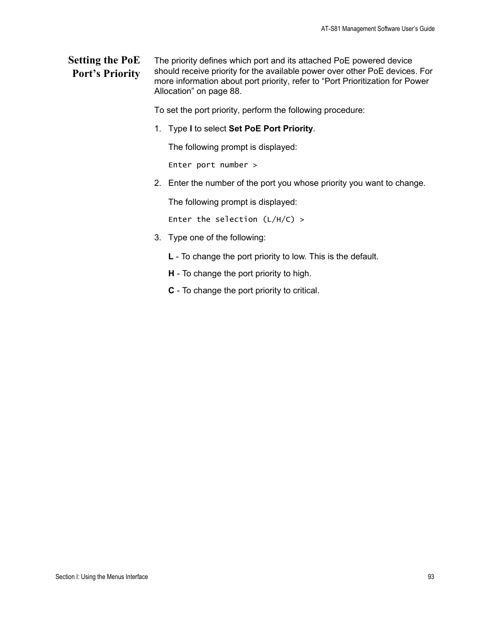 Setting the poe port’s priority | Allied Telesis AT-S81 User Manual | Page 93 / 314