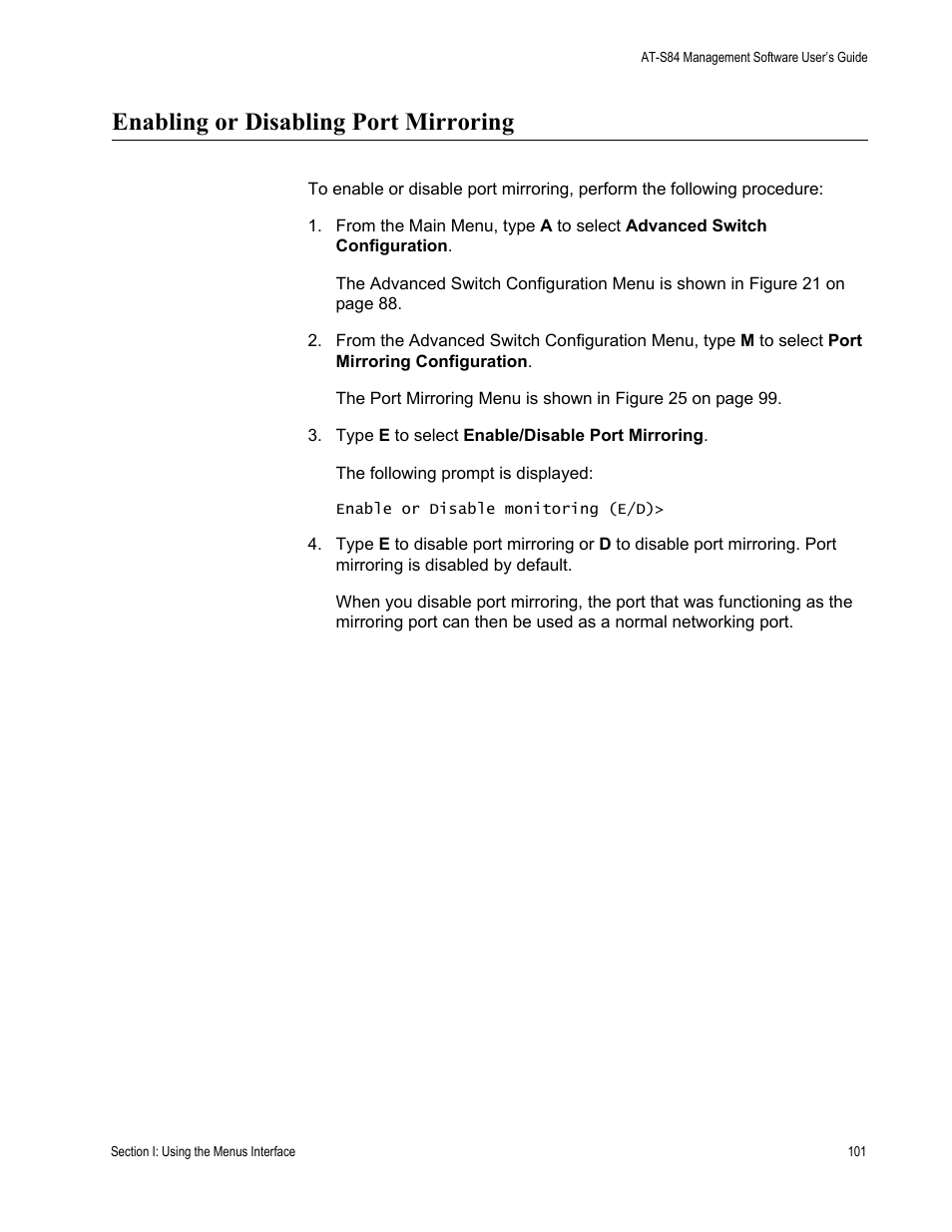 Enabling or disabling port mirroring | Allied Telesis AT-S84 User Manual | Page 101 / 334