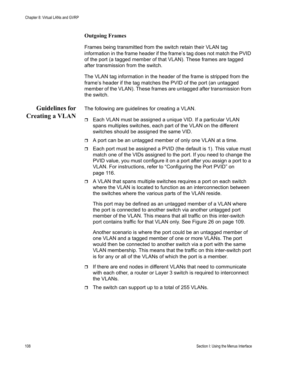 Guidelines for creating a vlan, Outgoing frames | Allied Telesis AT-S84 User Manual | Page 108 / 334