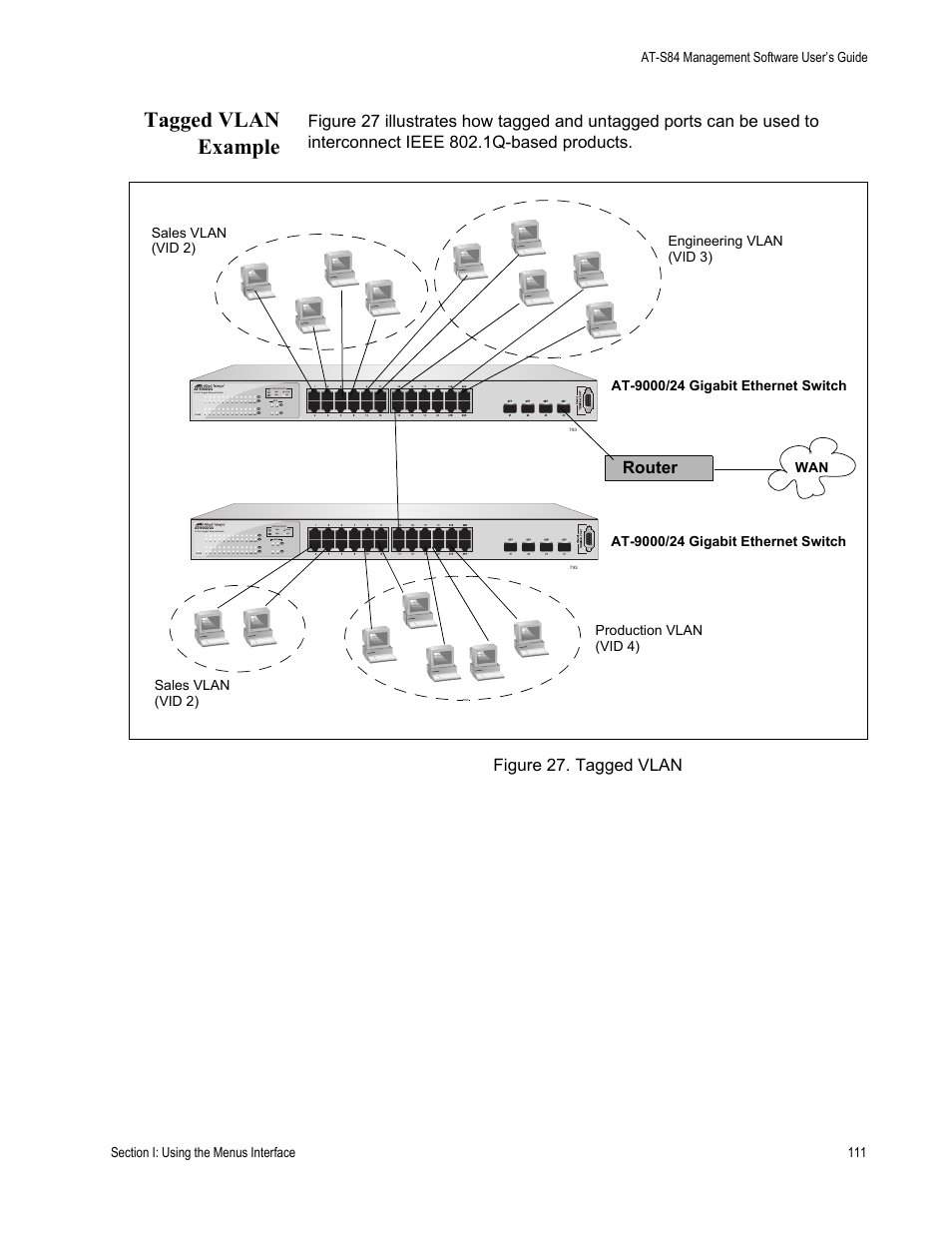Tagged vlan example, Router | Allied Telesis AT-S84 User Manual | Page 111 / 334