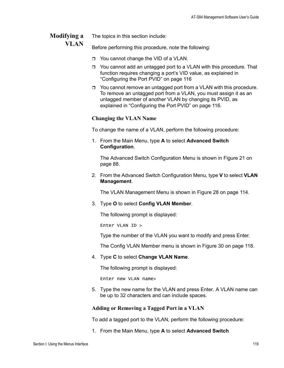 Modifying a vlan | Allied Telesis AT-S84 User Manual | Page 119 / 334