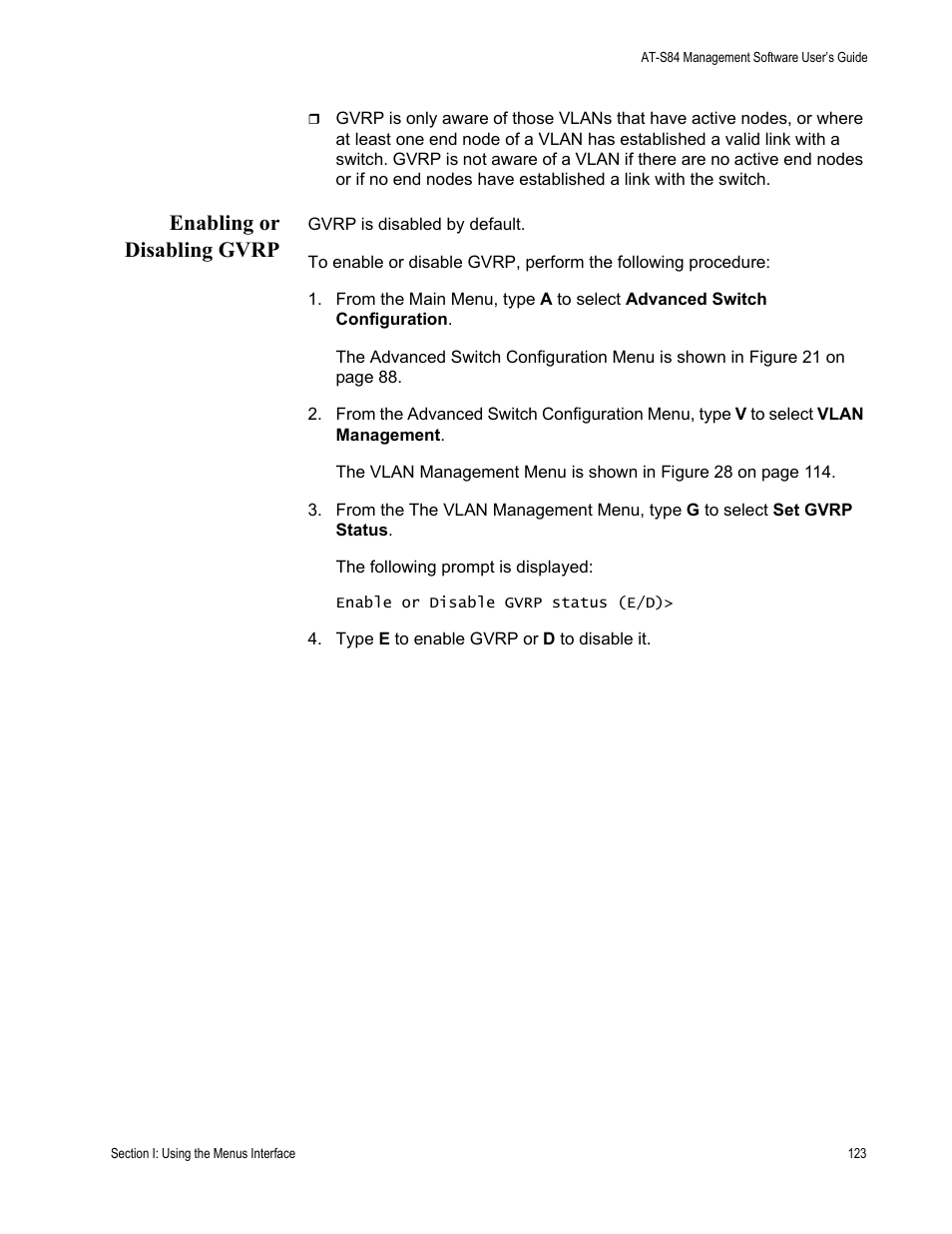 Enabling or disabling gvrp | Allied Telesis AT-S84 User Manual | Page 123 / 334