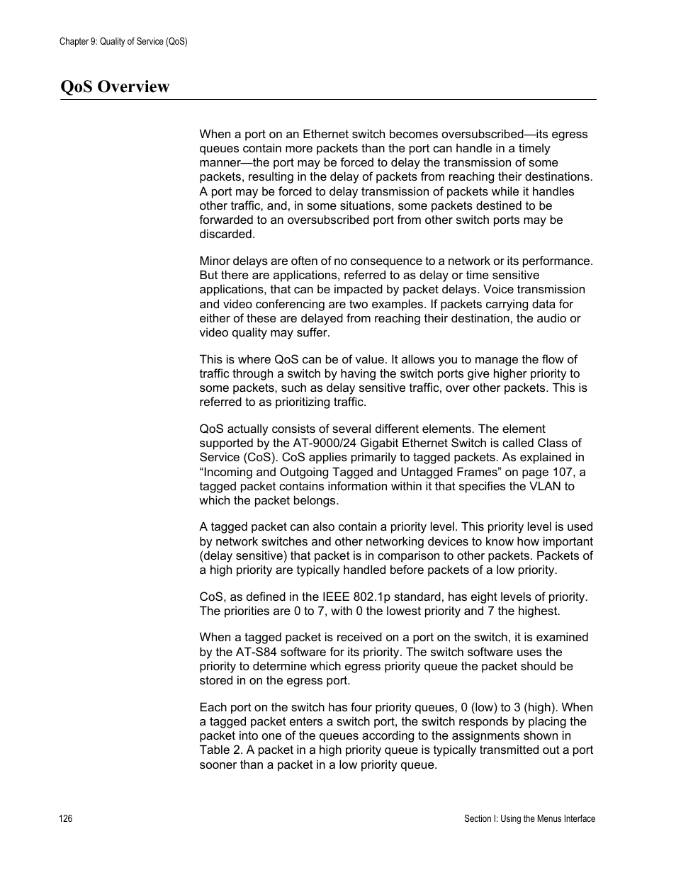 Qos overview | Allied Telesis AT-S84 User Manual | Page 126 / 334