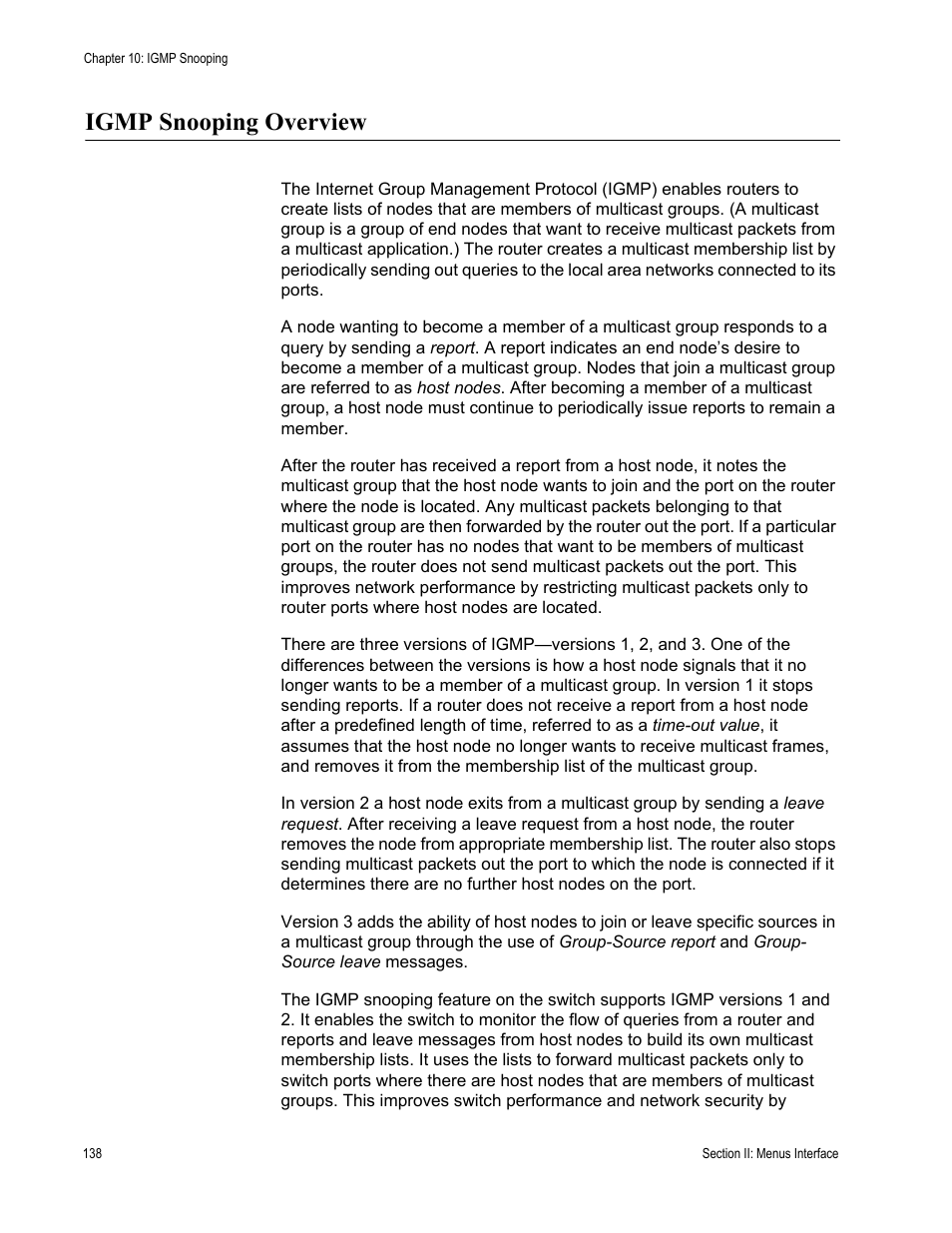 Igmp snooping overview | Allied Telesis AT-S84 User Manual | Page 138 / 334