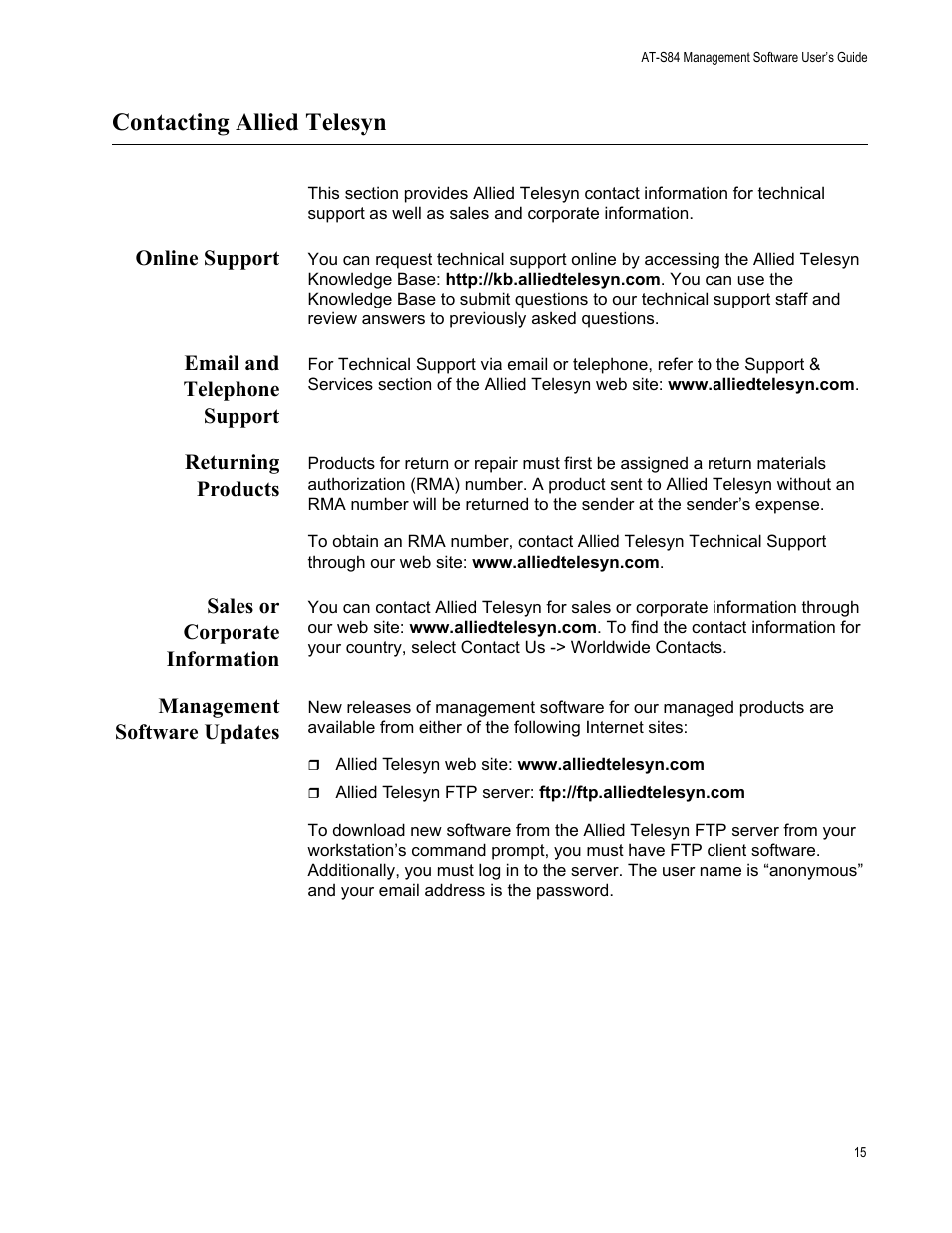 Contacting allied telesyn, Online support, Email and telephone support | Returning products, Sales or corporate information, Management software updates | Allied Telesis AT-S84 User Manual | Page 15 / 334