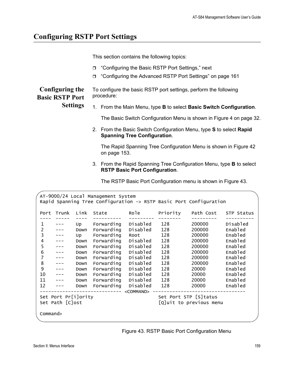 Configuring rstp port settings, Configuring the basic rstp port settings | Allied Telesis AT-S84 User Manual | Page 159 / 334