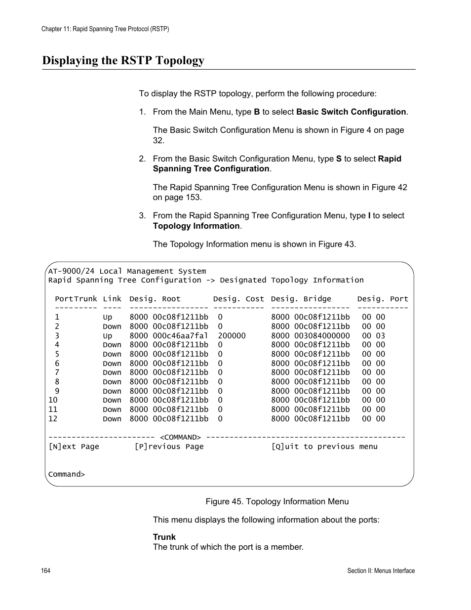 Displaying the rstp topology | Allied Telesis AT-S84 User Manual | Page 164 / 334