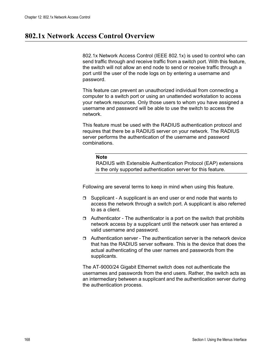 1x network access control overview | Allied Telesis AT-S84 User Manual | Page 168 / 334