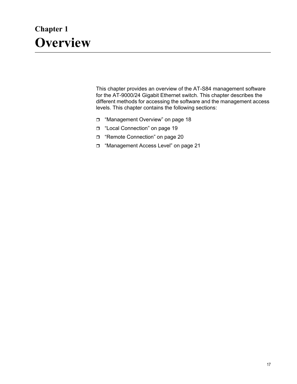 Chapter 1, Overview, R 1: overview | Allied Telesis AT-S84 User Manual | Page 17 / 334
