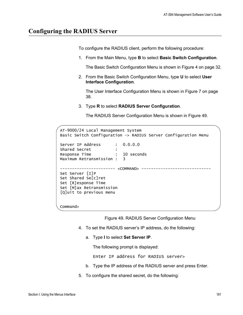 Configuring the radius server | Allied Telesis AT-S84 User Manual | Page 181 / 334