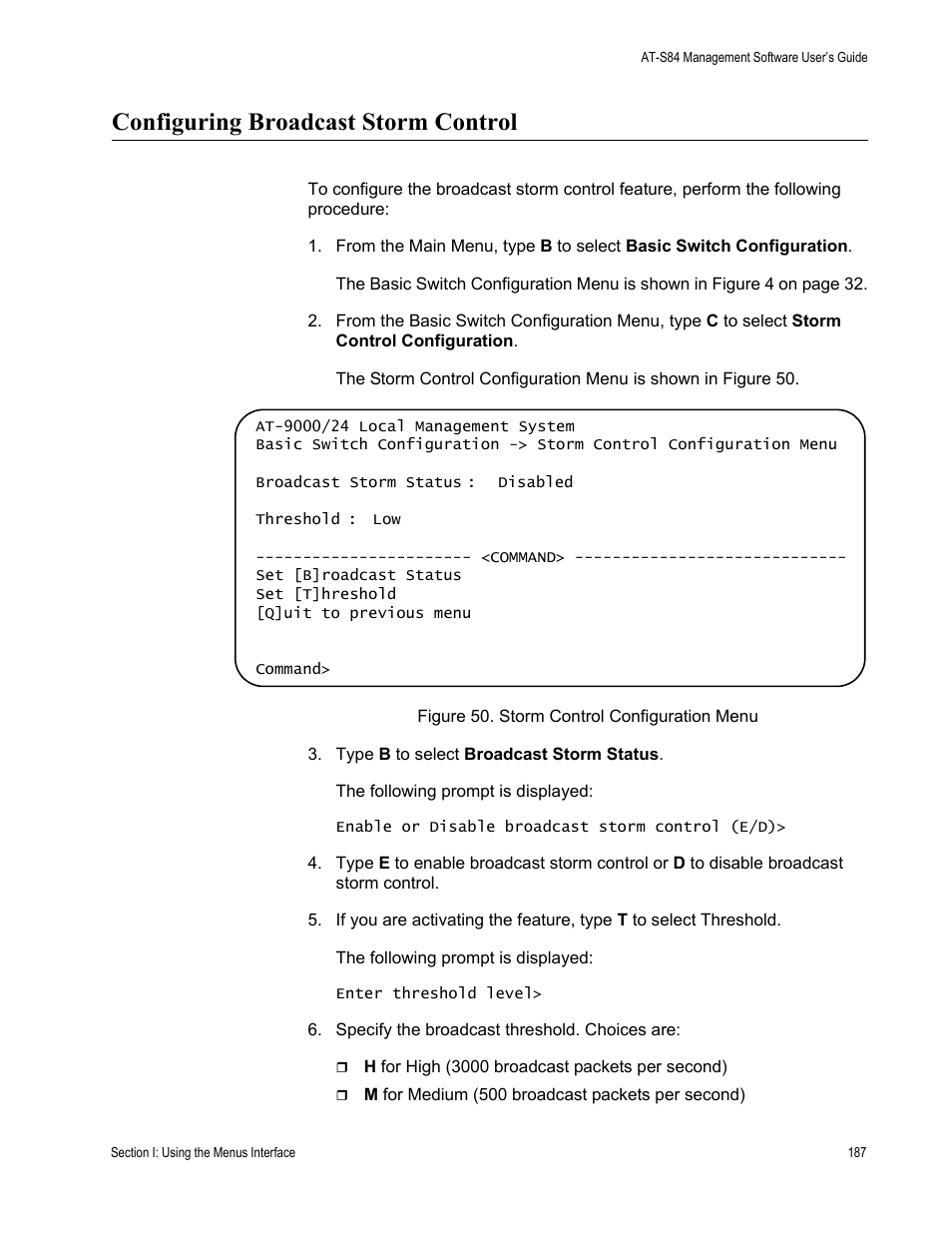 Configuring broadcast storm control | Allied Telesis AT-S84 User Manual | Page 187 / 334