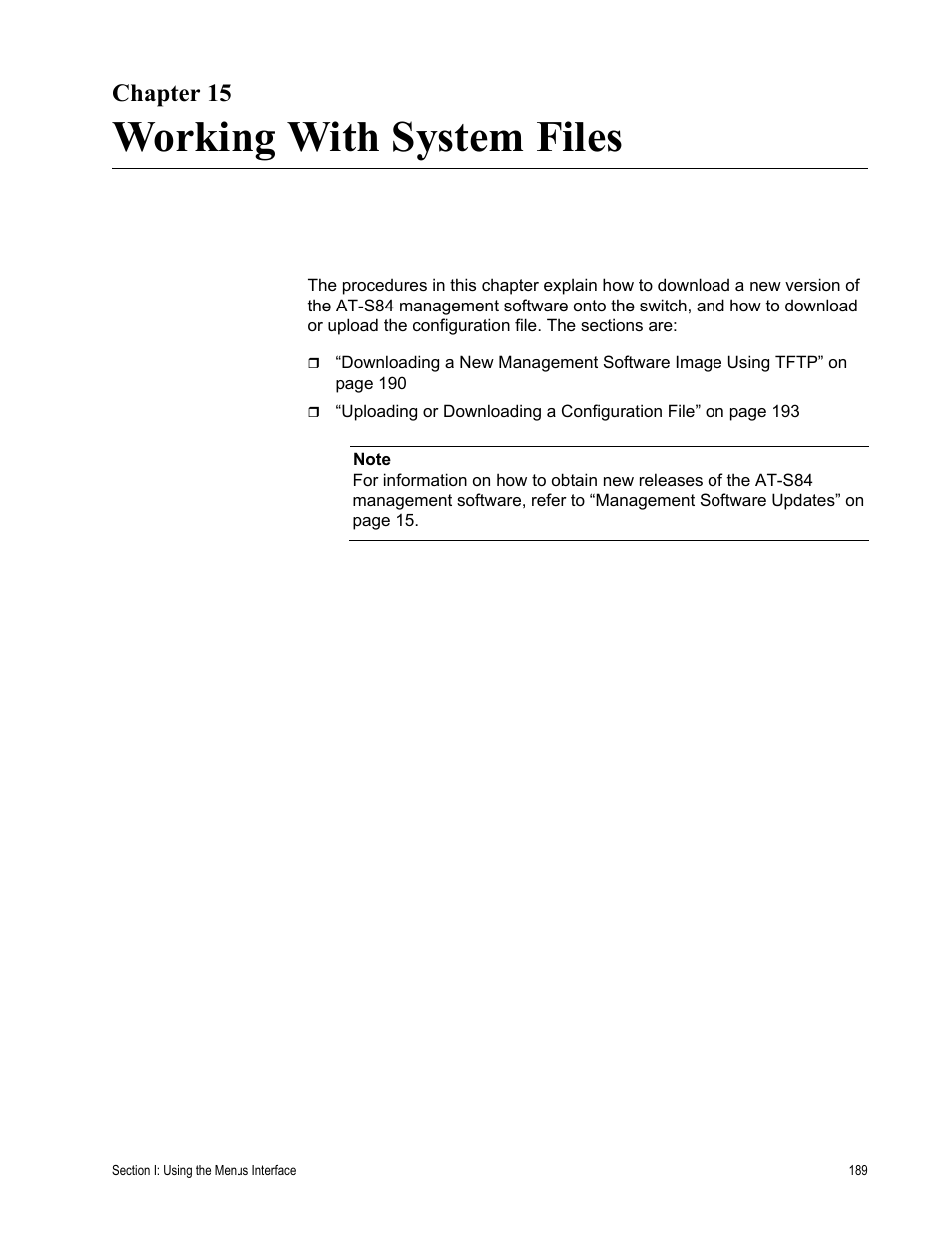 Chapter 15, Working with system files | Allied Telesis AT-S84 User Manual | Page 189 / 334